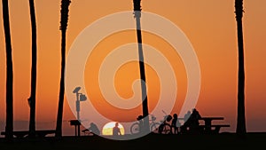 Silhouettes of people and palm trees on beach at sunset, California coast, USA.