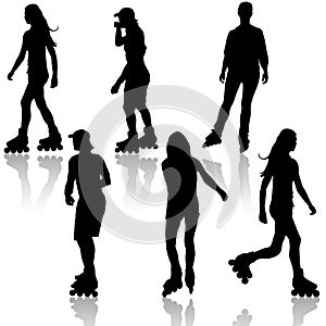 Silhouettes of people rollerskating. Vector