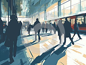 Silhouettes of people walking in the airport terminal. illustration. Generative AI