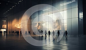 Silhouettes of people walking in the corridor of modern office building