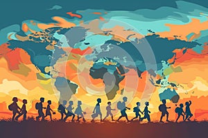 Silhouettes of People Walking in Front of World Map