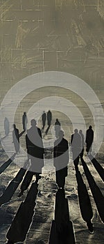 Silhouettes of people walking on a misty path