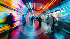 Silhouettes of people walking in a subway station with vibrant light trails.