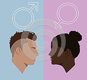 Silhouettes of people. White guy and black girl. Male and female signs. Symbols of Venus and Mars