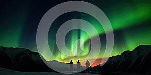 silhouettes of people who observe an aurora a natural phenomenon of Northern Lights