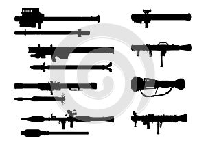 Silhouettes of portable missile launchers set. Vector EPS10.