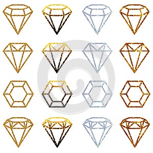 Silhouettes of precious stones, crystals and jewelry isolated on a white background. A symbol of luxury and wealth.