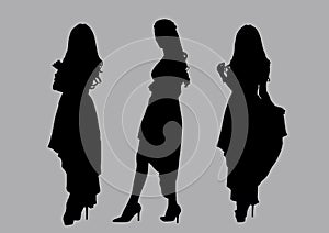 Silhouettes of pretty women group pose on grey colour background, flat line vector and illustration.