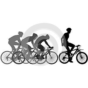 Silhouettes of racers on a bicycle, fight at the finish line