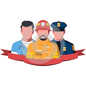 Silhouettes of rescue workers paramedic, firefighter and policeman photo