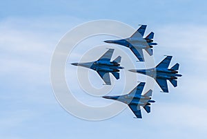 Silhouettes of russian fighter aircrafts SU-27 in the sky