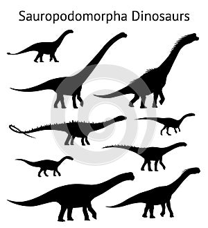 Silhouettes of sauropodomorpha dinosaurs. Set. Side view. Monochrome vector illustration of black silhouettes of photo