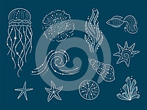 Silhouettes of sea life outline isolated on dark blue background. Vector Hand drawn illustrations