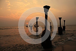 Silhouettes of sea piers