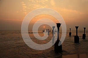 Silhouettes of sea piers