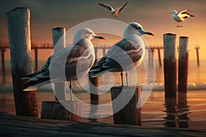 Silhouettes of Serenity: Seagulls Standing on the Pier during Sunset