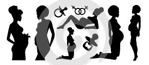 Silhouettes set of an African pregnant women. Vector illustration.