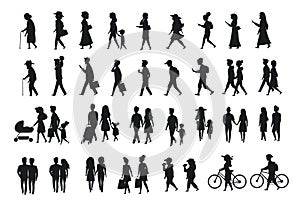 Silhouettes set of people walking.family couples,parents, man and woman different age generation walk with bikes,smartphones, coff