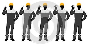 Silhouettes set of workers with helmets. Vector flat style illustration isolated on white