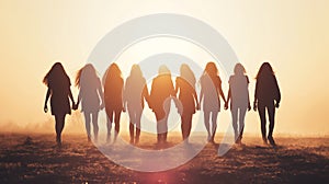 Silhouettes of seven women walking hand in hand at sunset, with a hazy background