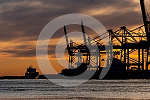 Silhouettes of ship to shore cranes at sunset...