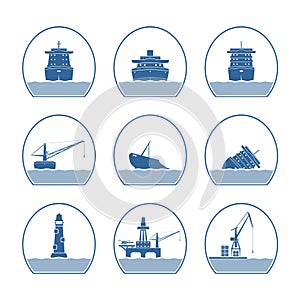 Silhouettes of ships and marine structures
