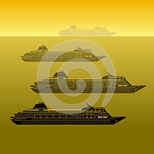 Silhouettes of ships at the sea. Vector illustration of a marine transport passenger ships group on a sunset background.