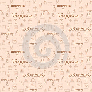 silhouettes of shopping bags and boxes on beige background - vector seamless pattern