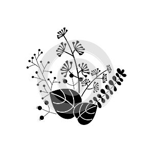 Silhouettes of simple twigs, leaves and herbs, herbarium. Vector hand drawing black and white. Composition for your design