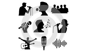 Silhouettes of singers performers and musical elements microphone performance