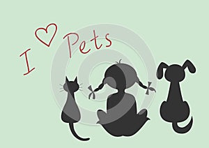 Silhouettes of sitting cat, dog and little girl