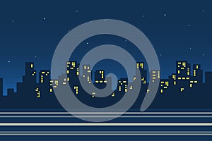 Silhouettes of skyscrapers in night city landscape background in flat style. Cityscape street with houses with glowing windows,