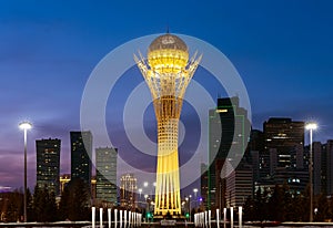 Silhouettes of skyscrapers at sunset in downtown of Astana city in Kazakhstan