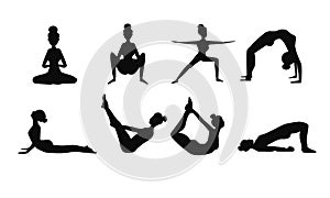 Silhouettes of a slender girl, woman. Yoga exercises for stretching. Figures of a woman doing fitness exercises. A set of yoga