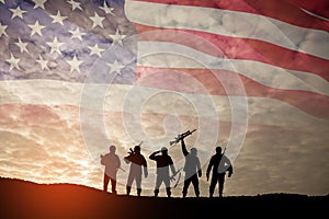 Silhouettes of soldiers on background of USA flag. Greeting card for Veterans Day, Memorial Day, Independence Day.