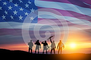 Silhouettes of soldiers on background of USA flag. Greeting card for Veterans Day, Memorial Day, Independence Day.