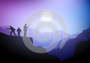 Silhouettes of soldiers in a purple sunset landscape photo