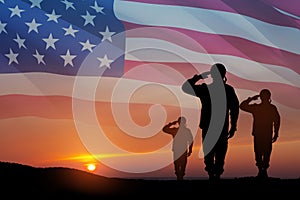 Silhouettes of soldiers saluting on background of USA flag. Greeting card for Veterans Day, Memorial Day.