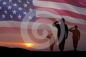 Silhouettes of soldiers saluting on background of USA flag. Greeting card for Veterans Day, Memorial Day.