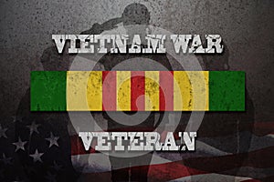 Silhouettes of soldiers saluting and Vietnam Campaign Ribbon with Vietnam War Veteran inscription.