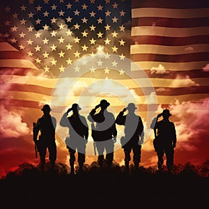 Silhouettes of Soldiers at Sunset Patriotic USA Flag Salute, ai generated