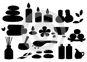 Silhouettes spa tools and accessories black basalt massage stones herbs mortar rolled up towel oil gel and candles illustra