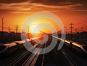 Silhouettes of Speed: Bullet Trains at Sunset