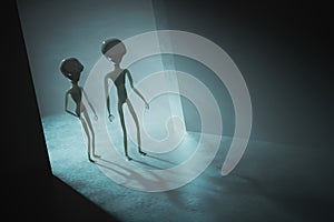 Silhouettes of spooky aliens and bright light in background. 3D rendered illustration.