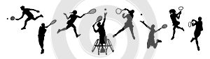 Silhouettes of sports men, women tennis players.