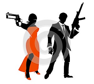 Silhouettes of spy couple. Vector characters