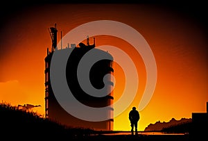 silhouettes of structures, pipes, oil storage tanks, pipelines of a petrochemical plant in the backlight of the sun at