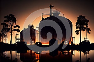 silhouettes of structures, pipes, oil storage tanks, pipelines of a petrochemical plant in the backlight of the sun at