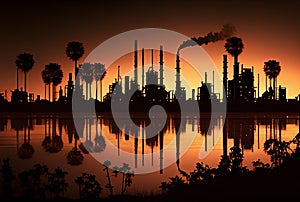 silhouettes of structures, pipes, oil storage tanks, pipelines of a petrochemical plant in the backlight of the sun at