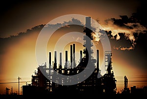 silhouettes of structures, pipes, oil storage tanks, pipelines of a petrochemical plant in the backlight of the sun at